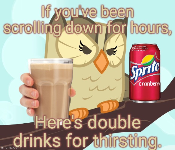 Scowled Owlowiscious (MLP) | If you've been scrolling down for hours, Here's double drinks for thirsting. | image tagged in scowled owlowiscious mlp,choccy milk,sprite cranberry,memes,keep scrolling,stop reading the tags | made w/ Imgflip meme maker