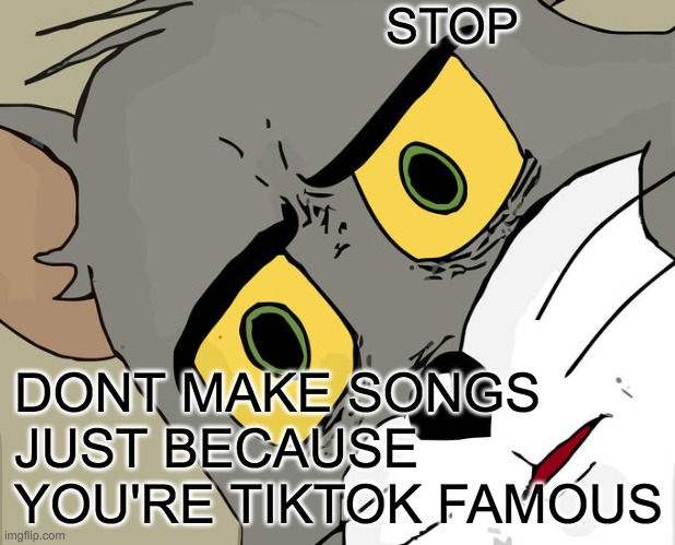 Unsettled Tom Meme | STOP; DONT MAKE SONGS JUST BECAUSE YOU'RE TIKTOK FAMOUS | image tagged in memes,unsettled tom | made w/ Imgflip meme maker