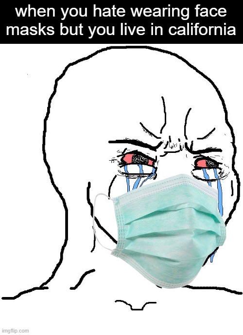 F | when you hate wearing face masks but you live in california | image tagged in crying npc,memes | made w/ Imgflip meme maker
