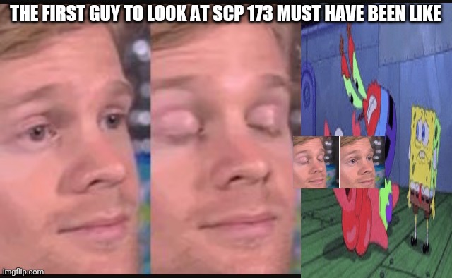 Neck snap | THE FIRST GUY TO LOOK AT SCP 173 MUST HAVE BEEN LIKE | image tagged in blinking guy | made w/ Imgflip meme maker