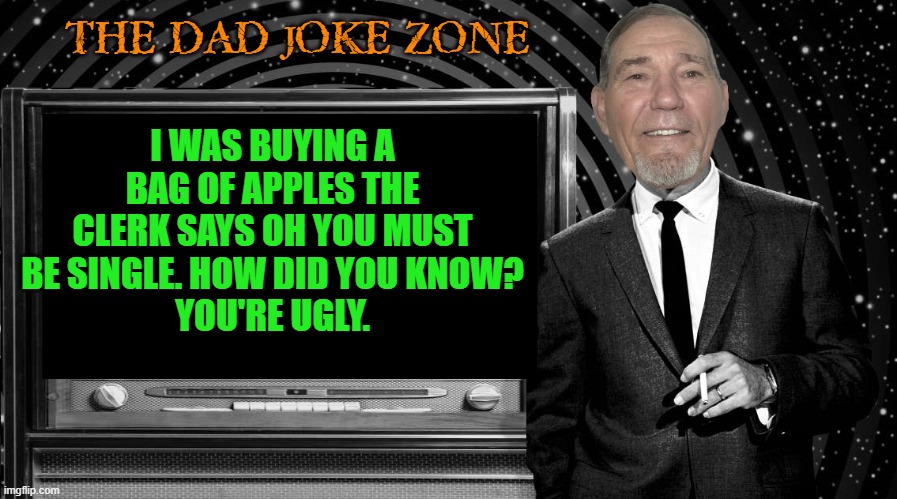 I WAS BUYING A BAG OF APPLES THE CLERK SAYS OH YOU MUST BE SINGLE. HOW DID YOU KNOW?
YOU'RE UGLY. THE DAD JOKE ZONE | image tagged in the kewlew zone | made w/ Imgflip meme maker