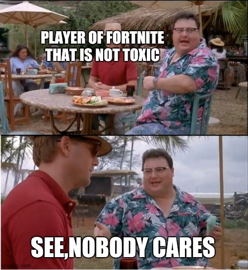 See Nobody Cares | PLAYER OF FORTNITE THAT IS NOT TOXIC; SEE,NOBODY CARES | image tagged in memes,see nobody cares | made w/ Imgflip meme maker