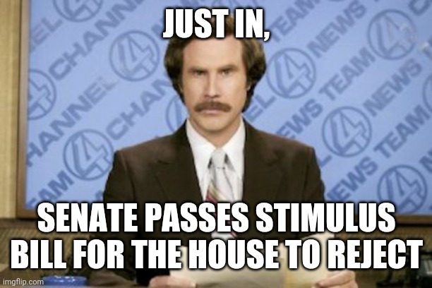 Haha....fixed it | JUST IN, SENATE PASSES STIMULUS BILL FOR THE HOUSE TO REJECT | image tagged in memes,ron burgundy | made w/ Imgflip meme maker