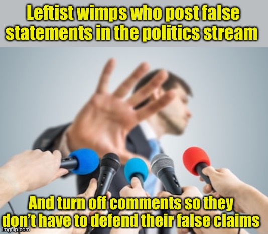 No Comment | Leftist wimps who post false statements in the politics stream; And turn off comments so they don’t have to defend their false claims | image tagged in no comment,leftist,snowflakes,false,wimp | made w/ Imgflip meme maker