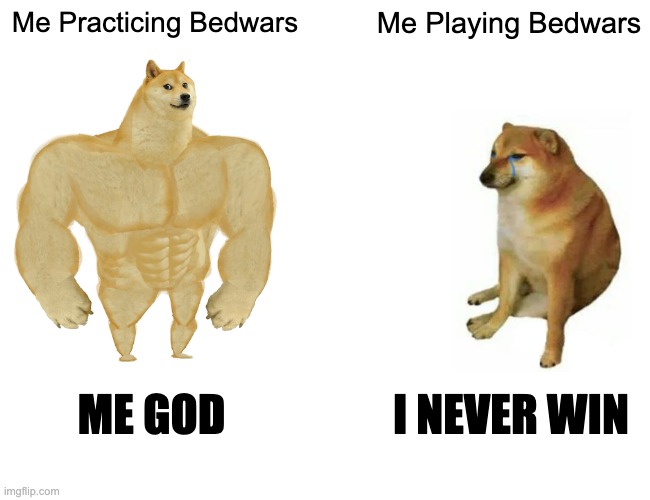 bedwars |  Me Practicing Bedwars; Me Playing Bedwars; ME GOD; I NEVER WIN | image tagged in memes,buff doge vs cheems,minecraft | made w/ Imgflip meme maker