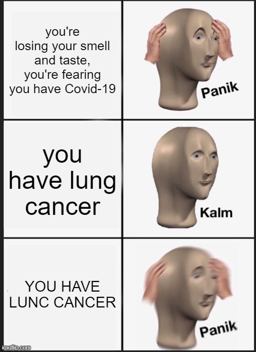 Welp, you're goners now | you're losing your smell and taste, you're fearing you have Covid-19; you have lung cancer; YOU HAVE LUNC CANCER | image tagged in memes,panik kalm panik,fun,funny,meme man | made w/ Imgflip meme maker