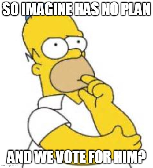 Really? That makes no sense | SO IMAGINE HAS NO PLAN; AND WE VOTE FOR HIM? | image tagged in homer simpson hmmmm,vote | made w/ Imgflip meme maker