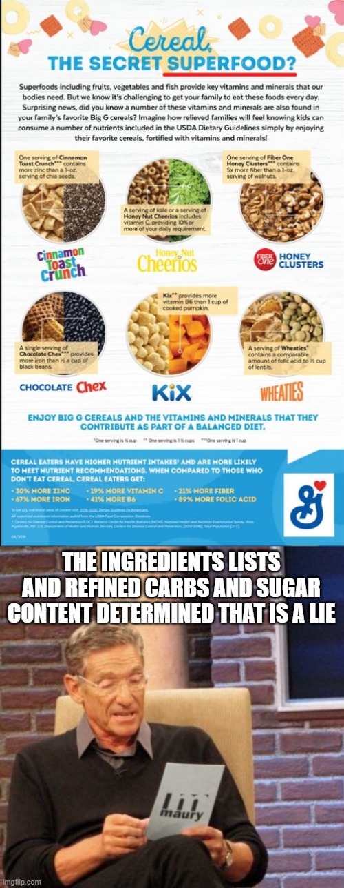 Cereal Lie | THE INGREDIENTS LISTS AND REFINED CARBS AND SUGAR CONTENT DETERMINED THAT IS A LIE | image tagged in memes,maury lie detector,lies,food,cereal,carbs | made w/ Imgflip meme maker