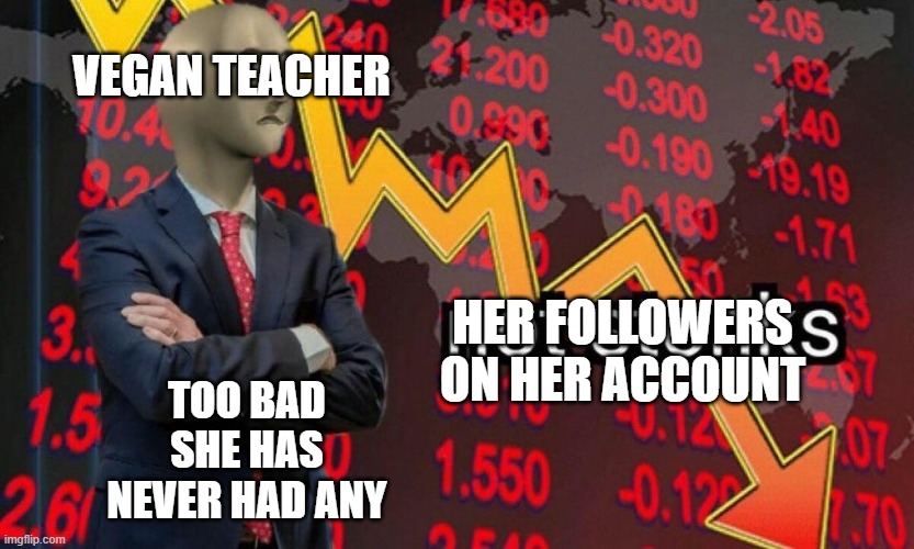 very true tho |  VEGAN TEACHER; HER FOLLOWERS ON HER ACCOUNT; TOO BAD SHE HAS NEVER HAD ANY | image tagged in not stonks | made w/ Imgflip meme maker