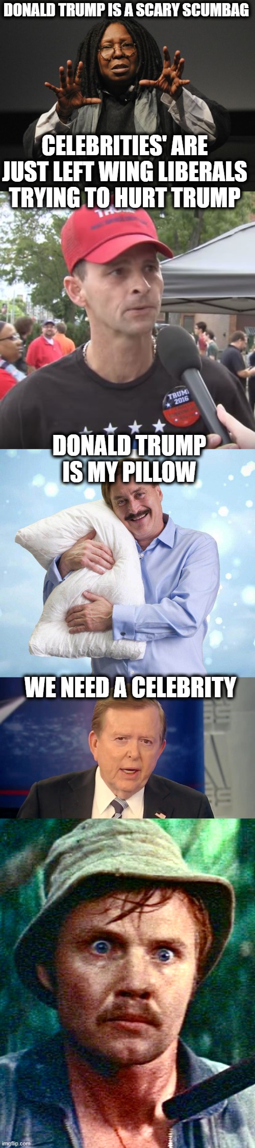 DONALD TRUMP IS A SCARY SCUMBAG; CELEBRITIES' ARE JUST LEFT WING LIBERALS TRYING TO HURT TRUMP; DONALD TRUMP IS MY PILLOW; WE NEED A CELEBRITY | image tagged in whoopi goldberg crazy,trump supporter,my pillow guy,fullofshit lou dobbs,jon voight | made w/ Imgflip meme maker