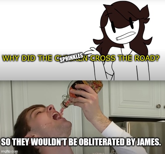  WHY DID THE CHICKEN CROSS THE ROAD? SPRINKLES; SO THEY WOULDN'T BE OBLITERATED BY JAMES. | image tagged in theodd1sout,funny,jaiden animations,sprinkles,memes,sprinkle cult | made w/ Imgflip meme maker