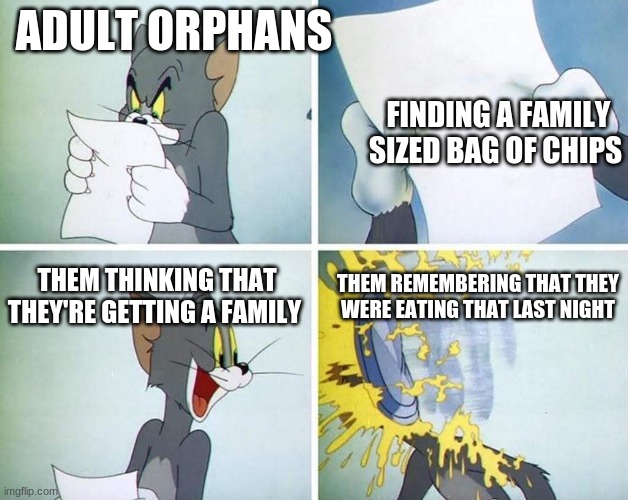 unga' | ADULT ORPHANS; FINDING A FAMILY SIZED BAG OF CHIPS; THEM THINKING THAT THEY'RE GETTING A FAMILY; THEM REMEMBERING THAT THEY WERE EATING THAT LAST NIGHT | image tagged in tom gets pied in the face | made w/ Imgflip meme maker