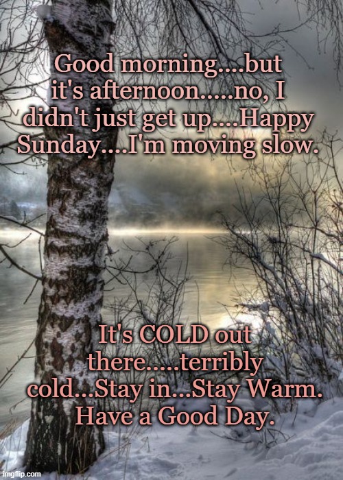 Good morning....but it's afternoon.....no, I didn't just get up....Happy Sunday....I'm moving slow. It's COLD out there.....terribly cold...Stay in...Stay Warm.
Have a Good Day. | made w/ Imgflip meme maker