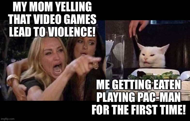 Woman yelling at cat | MY MOM YELLING THAT VIDEO GAMES LEAD TO VIOLENCE! ME GETTING EATEN PLAYING PAC-MAN FOR THE FIRST TIME! | image tagged in woman yelling at cat | made w/ Imgflip meme maker