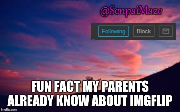 sunset | FUN FACT MY PARENTS ALREADY KNOW ABOUT IMGFLIP | image tagged in sunset | made w/ Imgflip meme maker