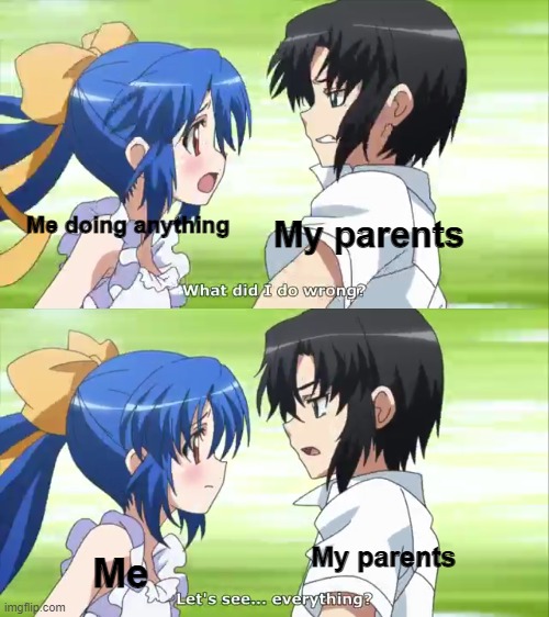 What did I do wrong? Let's see...everything | My parents; Me doing anything; My parents; Me | image tagged in what did i do wrong let's see everything | made w/ Imgflip meme maker