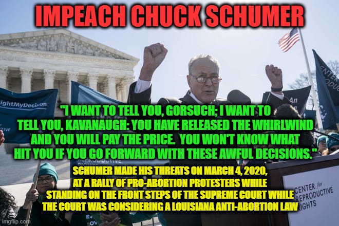 Impeach Senate Democrat Leader Chuck Schumer | IMPEACH CHUCK SCHUMER; "I WANT TO TELL YOU, GORSUCH; I WANT TO TELL YOU, KAVANAUGH: YOU HAVE RELEASED THE WHIRLWIND AND YOU WILL PAY THE PRICE.  YOU WON'T KNOW WHAT HIT YOU IF YOU GO FORWARD WITH THESE AWFUL DECISIONS."; SCHUMER MADE HIS THREATS ON MARCH 4, 2020, AT A RALLY OF PRO-ABORTION PROTESTERS WHILE STANDING ON THE FRONT STEPS OF THE SUPREME COURT WHILE THE COURT WAS CONSIDERING A LOUISIANA ANTI-ABORTION LAW | image tagged in chuck schumer,neil gorsuch,brett kavanaugh,impeachment,abortion | made w/ Imgflip meme maker
