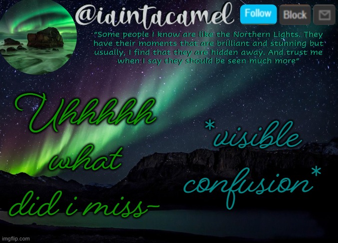Just got online 3 mins ago- | Uhhhhh what did i miss-; *visible confusion* | image tagged in iaintacamel | made w/ Imgflip meme maker