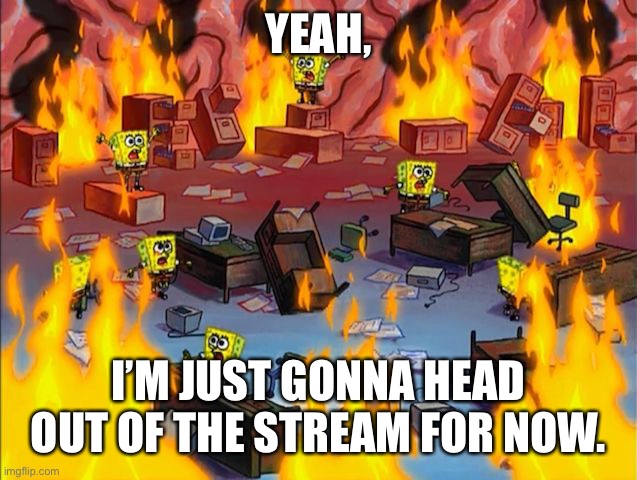 See ya in Scratch or Discord. | YEAH, I’M JUST GONNA HEAD OUT OF THE STREAM FOR NOW. | image tagged in spongebob fire | made w/ Imgflip meme maker