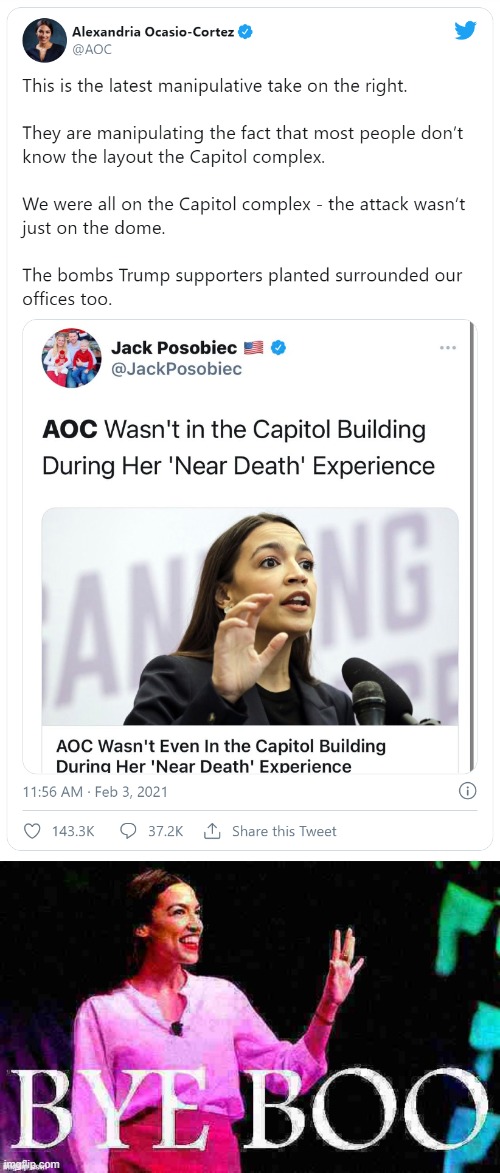 Anyone hear this right-wing crap about AOC not being at the Capitol? Well, she was, and the MAGA mob was on a manhunt for her. | image tagged in aoc capitol hill riot,aoc bye boo deep-fried 1 | made w/ Imgflip meme maker
