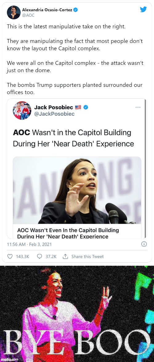 Anyone hear this right-wing crap about AOC not being at the Capitol? Well, she was, and the MAGA mob was on a manhunt for her. | image tagged in aoc capitol hill riot,aoc bye boo deep-fried 2 | made w/ Imgflip meme maker