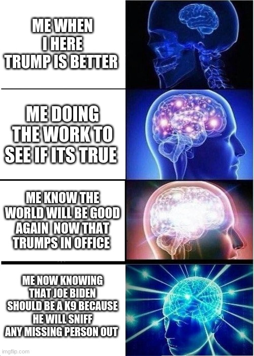 my big brain | ME WHEN I HERE TRUMP IS BETTER; ME DOING THE WORK TO SEE IF ITS TRUE; ME KNOW THE WORLD WILL BE GOOD AGAIN  NOW THAT TRUMPS IN OFFICE; ME NOW KNOWING THAT JOE BIDEN SHOULD BE A K9 BECAUSE HE WILL SNIFF ANY MISSING PERSON OUT | image tagged in memes,expanding brain | made w/ Imgflip meme maker