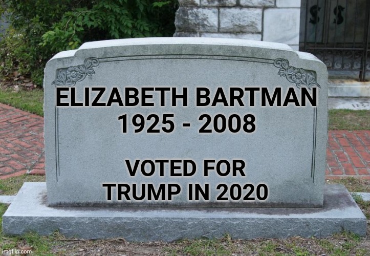 Gravestone | ELIZABETH BARTMAN
1925 - 2008 VOTED FOR TRUMP IN 2020 | image tagged in gravestone | made w/ Imgflip meme maker