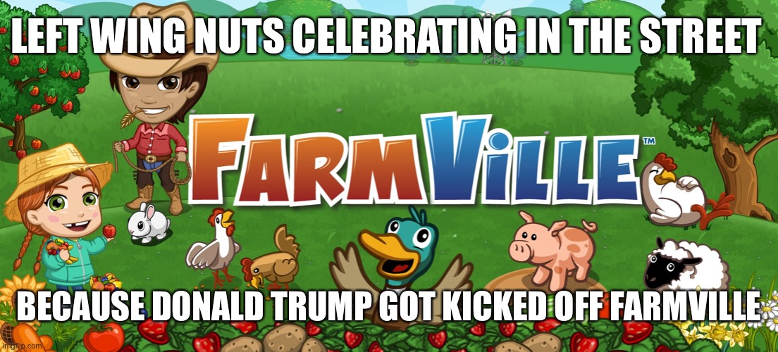 Trump Farmville | LEFT WING NUTS CELEBRATING IN THE STREET; BECAUSE DONALD TRUMP GOT KICKED OFF FARMVILLE | image tagged in donald trump,farmville,cancel culture | made w/ Imgflip meme maker