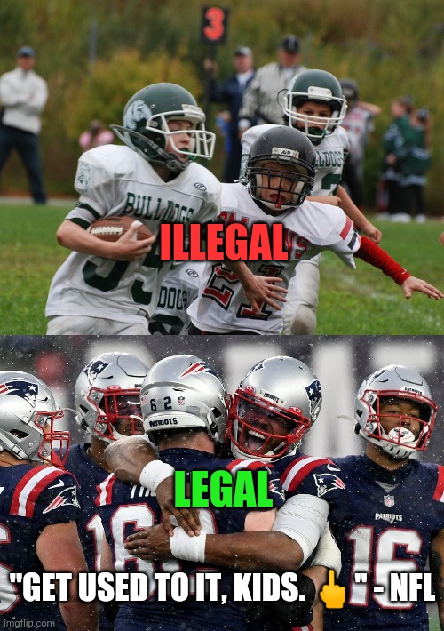 Boycott NFL Superbowl until kids can play sports | ILLEGAL; LEGAL; "GET USED TO IT, KIDS. 🖕" - NFL | image tagged in superbowl,nfl,patriots,new england patriots,tom brady,lockdown | made w/ Imgflip meme maker