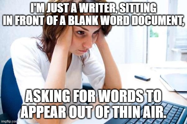 Frustrated Writer | I'M JUST A WRITER, SITTING IN FRONT OF A BLANK WORD DOCUMENT, ASKING FOR WORDS TO APPEAR OUT OF THIN AIR. | image tagged in frustrated at computer | made w/ Imgflip meme maker
