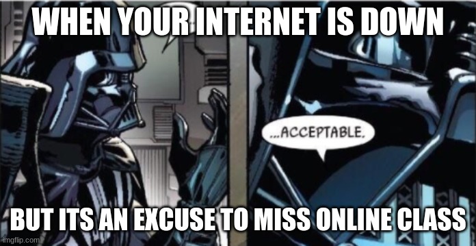 It Is Acceptable | WHEN YOUR INTERNET IS DOWN; BUT ITS AN EXCUSE TO MISS ONLINE CLASS | image tagged in it is acceptable | made w/ Imgflip meme maker