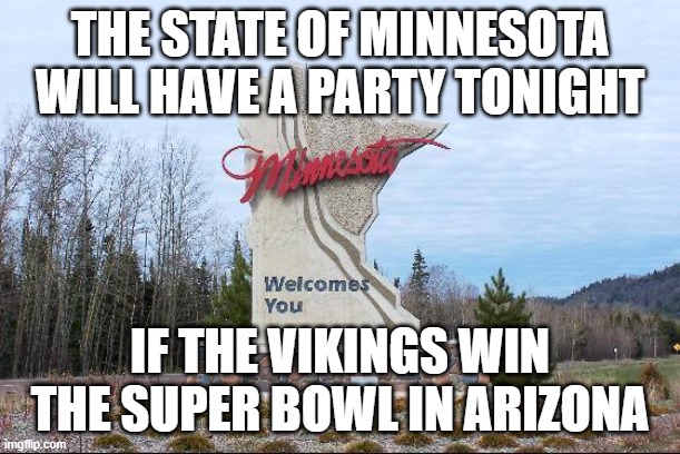 Minnesota | THE STATE OF MINNESOTA WILL HAVE A PARTY TONIGHT; IF THE VIKINGS WIN THE SUPER BOWL IN ARIZONA | image tagged in minnesota | made w/ Imgflip meme maker