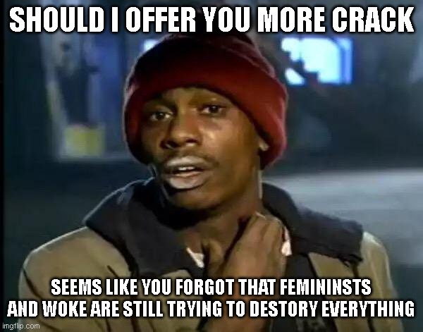 Y'all Got Any More Of That Meme | SHOULD I OFFER YOU MORE CRACK SEEMS LIKE YOU FORGOT THAT FEMININSTS AND WOKE ARE STILL TRYING TO DESTORY EVERYTHING | image tagged in memes,y'all got any more of that | made w/ Imgflip meme maker