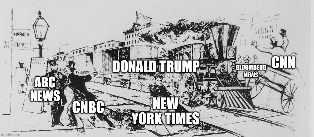 Train | CNN; BLOOMBERG NEWS; ABC NEWS; DONALD TRUMP; NEW YORK TIMES; CNBC | image tagged in train,donald trump,cnn fake news,cnn,abc,new york times | made w/ Imgflip meme maker
