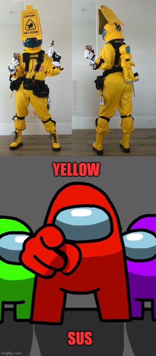 NICE LAZER GUN | YELLOW; SUS | image tagged in among us,there is 1 imposter among us,cosplay,crewmate,mini crewmate | made w/ Imgflip meme maker