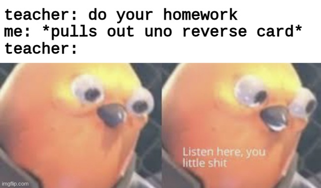 no u | teacher: do your homework
me: *pulls out uno reverse card*
teacher: | image tagged in listen here you little shit bird | made w/ Imgflip meme maker