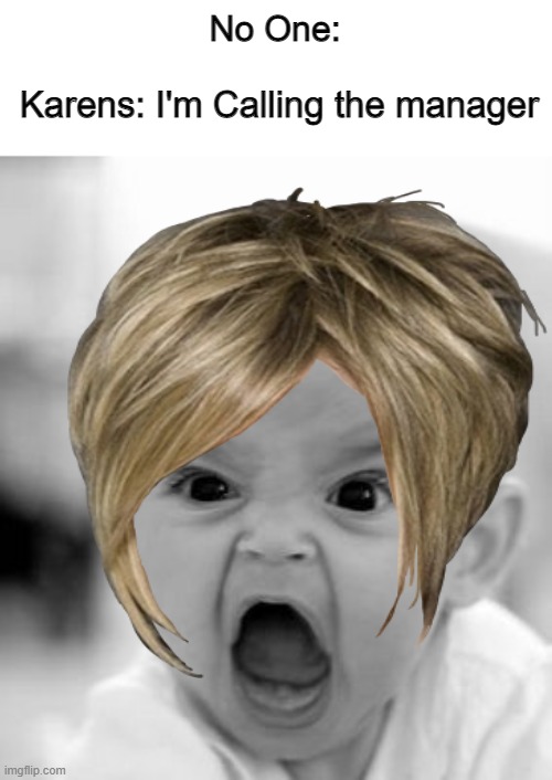 im calling the manager | No One:; Karens: I'm Calling the manager | image tagged in memes,angry baby,karen,im calling the manager | made w/ Imgflip meme maker