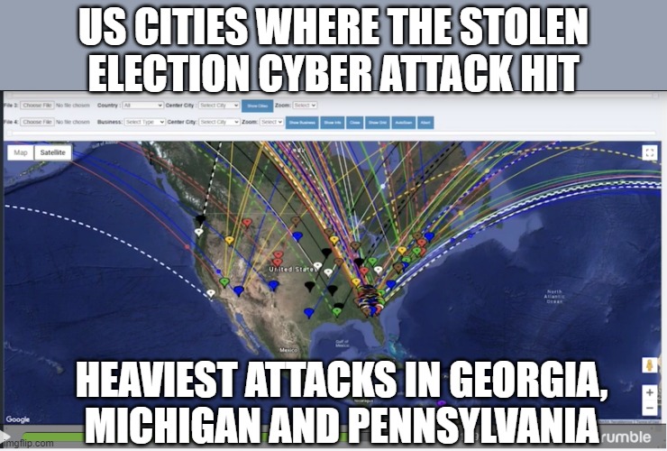 Why can a Pillow Guy find this stuff and the Department of Justice and FBI don't give a rat's ass? | US CITIES WHERE THE STOLEN ELECTION CYBER ATTACK HIT; HEAVIEST ATTACKS IN GEORGIA, MICHIGAN AND PENNSYLVANIA | image tagged in cyber attack | made w/ Imgflip meme maker