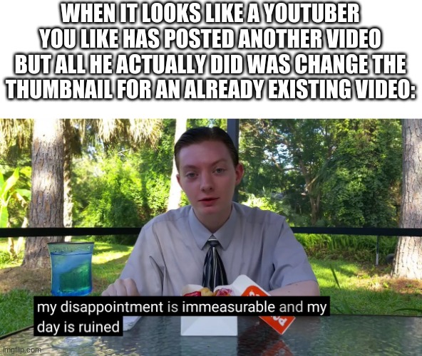 My Disappointment Is Immeasurable | WHEN IT LOOKS LIKE A YOUTUBER YOU LIKE HAS POSTED ANOTHER VIDEO BUT ALL HE ACTUALLY DID WAS CHANGE THE THUMBNAIL FOR AN ALREADY EXISTING VIDEO: | image tagged in my disappointment is immeasurable | made w/ Imgflip meme maker