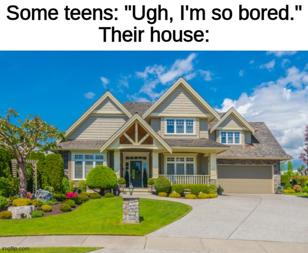 It's easy to get complacent in the suburbs. There's actually a lot to do, it's just a bit quieter here/ |  Some teens: "Ugh, I'm so bored."
Their house: | image tagged in new template,house,suburbs,new tag,nice template dude,thanks i made it myself | made w/ Imgflip meme maker