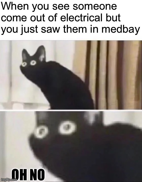 Oh No Black Cat | When you see someone come out of electrical but you just saw them in medbay; OH NO | image tagged in oh no black cat | made w/ Imgflip meme maker