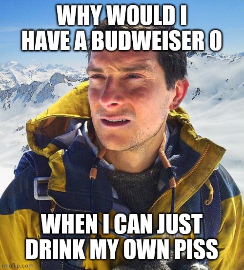 Bear Grylls Meme | WHY WOULD I HAVE A BUDWEISER 0; WHEN I CAN JUST DRINK MY OWN PISS | image tagged in memes,bear grylls | made w/ Imgflip meme maker