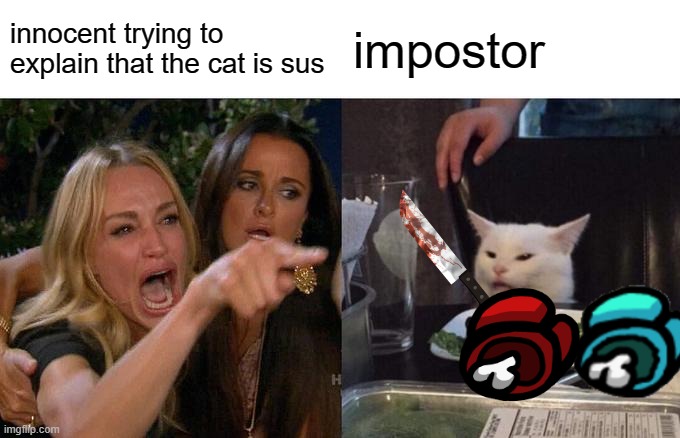 among us meme | innocent trying to explain that the cat is sus; impostor | image tagged in memes,woman yelling at cat | made w/ Imgflip meme maker