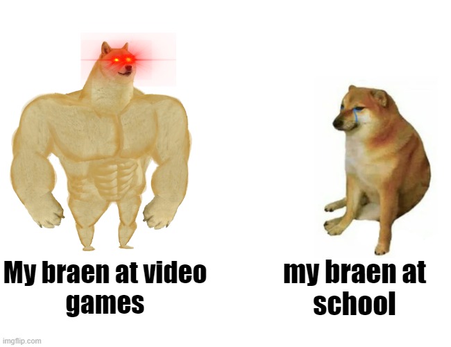 Buff Doge vs. Cheems | My braen at video
games; my braen at
school | image tagged in memes,buff doge vs cheems | made w/ Imgflip meme maker