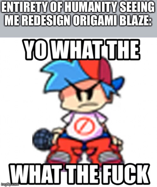 BF what the fucc | ENTIRETY OF HUMANITY SEEING ME REDESIGN ORIGAMI BLAZE: | image tagged in bf what the fucc | made w/ Imgflip meme maker
