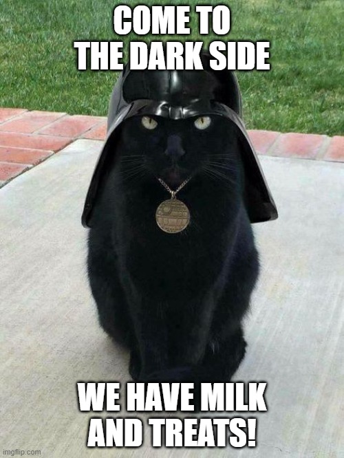 Come to the dark side | COME TO THE DARK SIDE; WE HAVE MILK AND TREATS! | image tagged in dark side,star wars,cats,funny cats,adorable,darth vader - come to the dark side | made w/ Imgflip meme maker