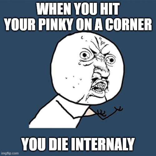 when you hit your pinky | WHEN YOU HIT YOUR PINKY ON A CORNER; YOU DIE INTERNALY | image tagged in memes,y u no,other,pinky,hitting pinky | made w/ Imgflip meme maker