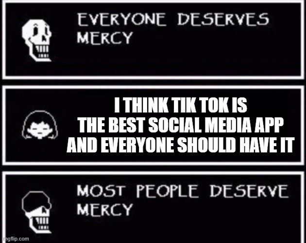 perisk tik toker | I THINK TIK TOK IS THE BEST SOCIAL MEDIA APP AND EVERYONE SHOULD HAVE IT | image tagged in everyone deserves mercy | made w/ Imgflip meme maker