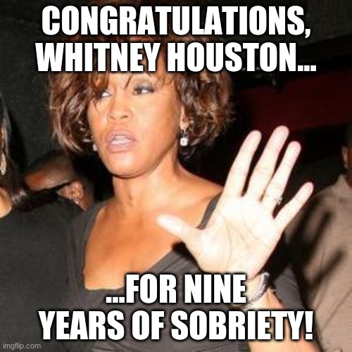 That's how you turn your life around | CONGRATULATIONS, WHITNEY HOUSTON... ...FOR NINE YEARS OF SOBRIETY! | image tagged in whitney houston | made w/ Imgflip meme maker