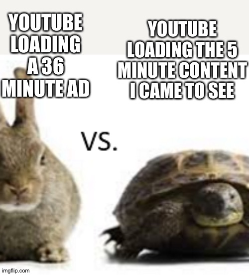 Fast YouTube vs slow YouTube | YOUTUBE LOADING THE 5 MINUTE CONTENT I CAME TO SEE; YOUTUBE LOADING A 36 MINUTE AD | image tagged in fast vs slow,youtube,commercials,frustrated,slow,fast | made w/ Imgflip meme maker